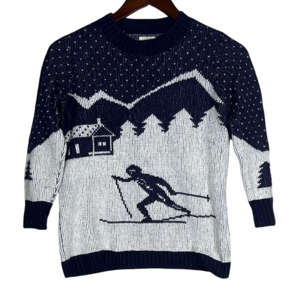 J. Crew Intarsia Novelty Ski Scene Wool  Blend Crew Neck Sweater XS Navy Blue - Picture 11 of 15